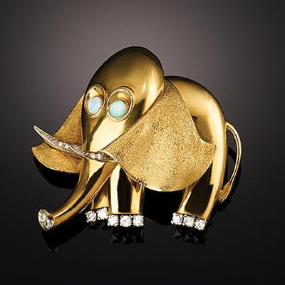 Elephant Diamond & Opal Brooch