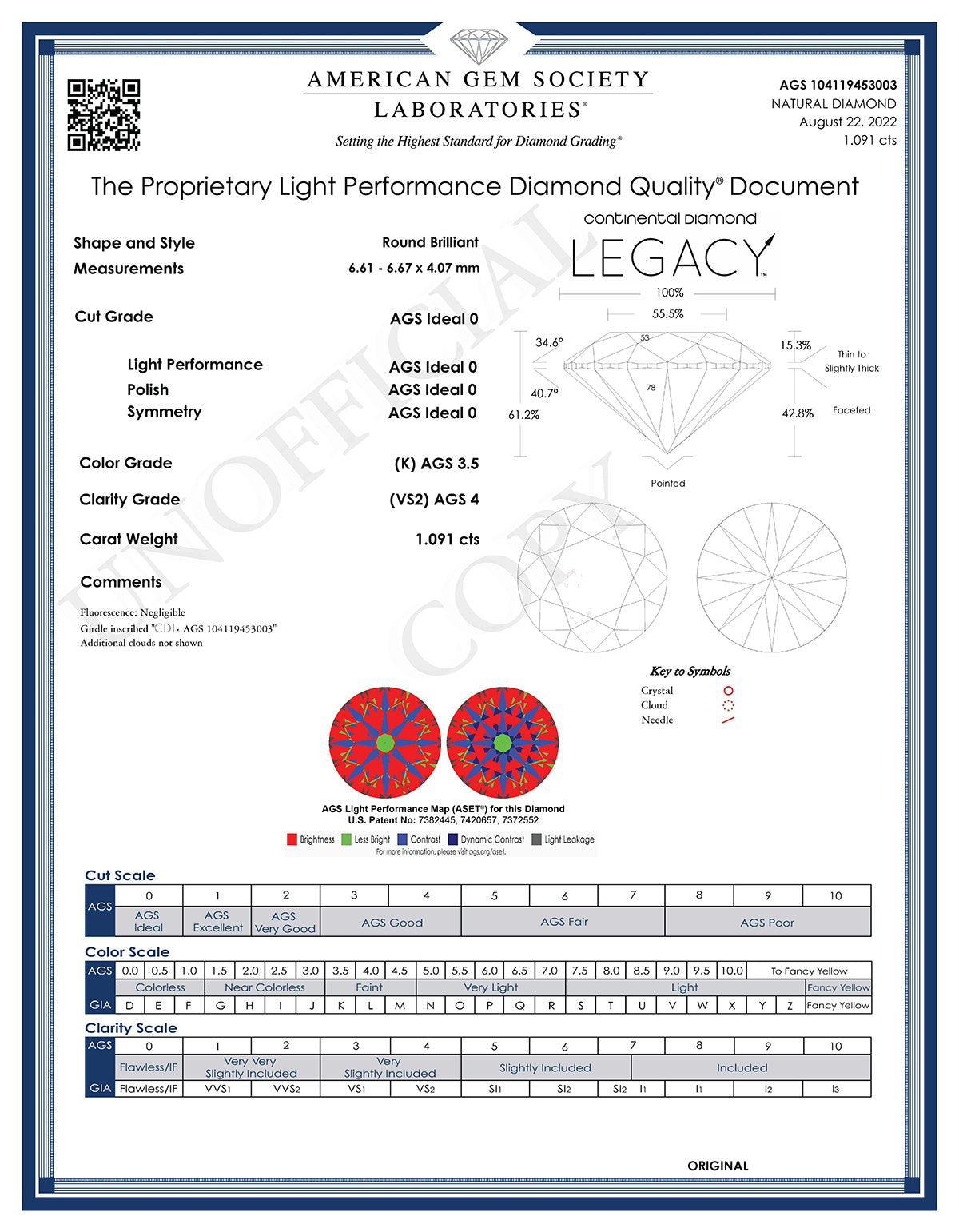 1.09 ct K/VS2 AGS Legacy Diamond - Continental Diamond